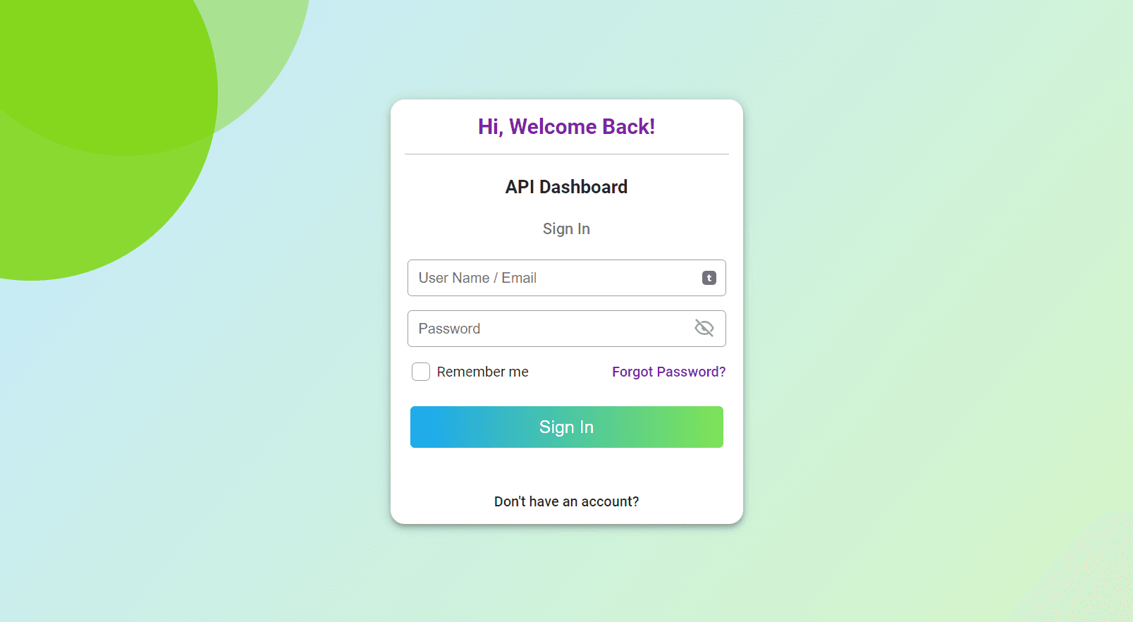 Login page of the dashboard project