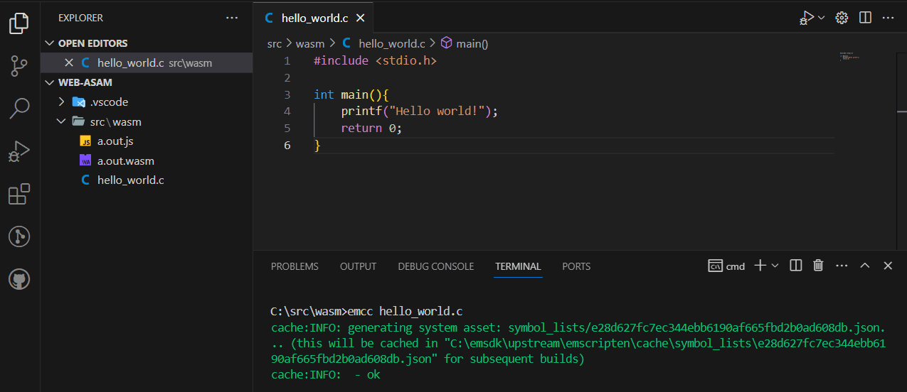 The hello world example written in C